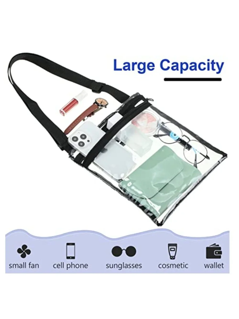 10 Clear PVC Stadium Approved Crossbody Bags with Adjustable Strap, Inner